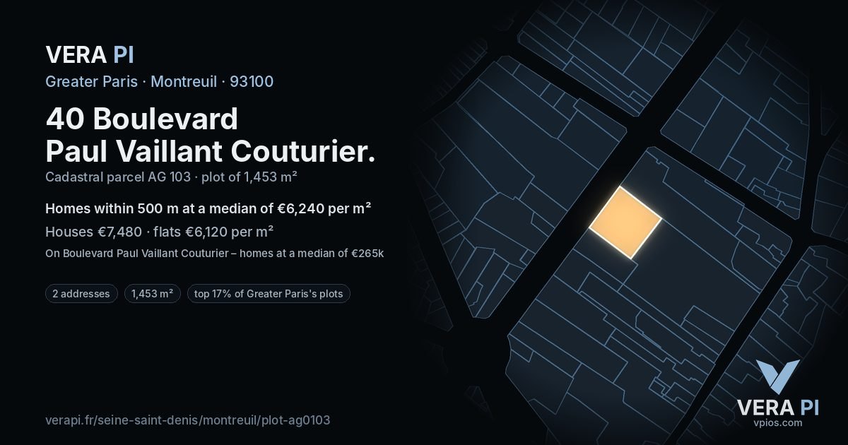 40 Boulevard Paul Vaillant Couturier, Montreuil at night – the plot lit, the parcels around coloured by the prices near them