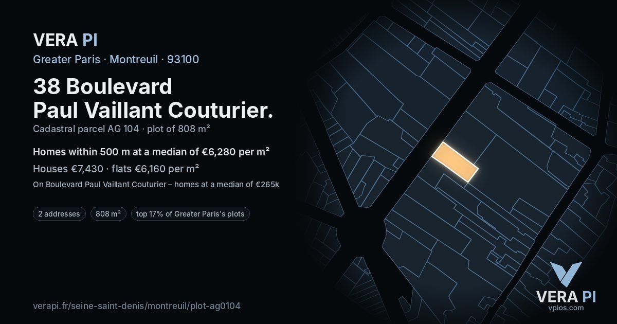 38 Boulevard Paul Vaillant Couturier, Montreuil at night – the plot lit, the parcels around coloured by the prices near them