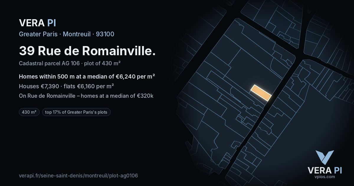 39 Rue de Romainville, Montreuil at night – the plot lit, the parcels around coloured by the prices near them
