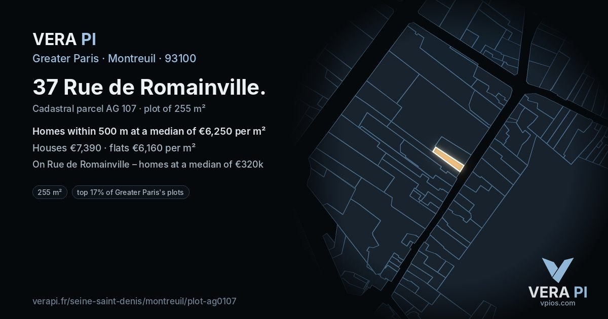 37 Rue de Romainville, Montreuil at night – the plot lit, the parcels around coloured by the prices near them