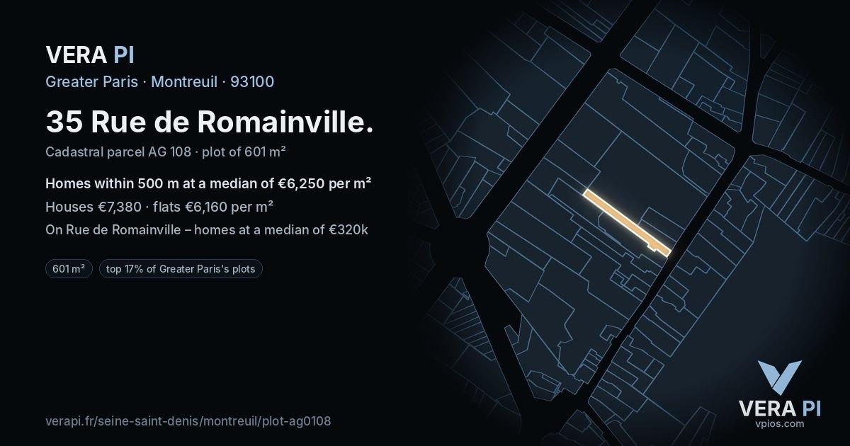 35 Rue de Romainville, Montreuil at night – the plot lit, the parcels around coloured by the prices near them