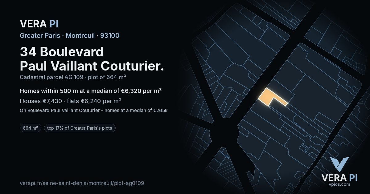 34 Boulevard Paul Vaillant Couturier, Montreuil at night – the plot lit, the parcels around coloured by the prices near them
