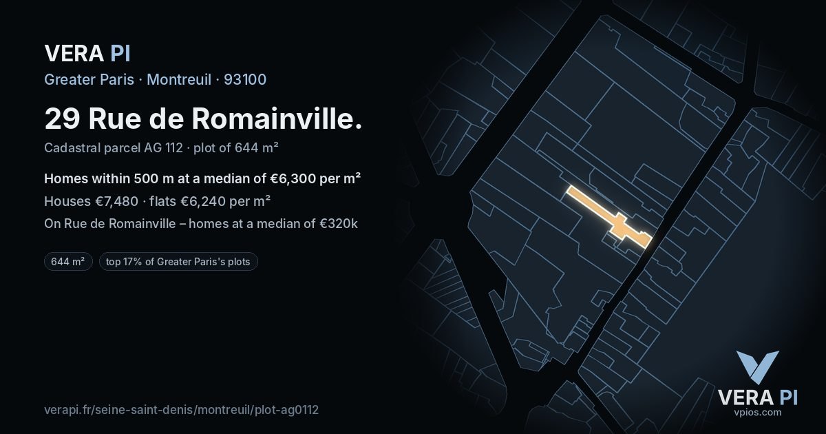 29 Rue de Romainville, Montreuil at night – the plot lit, the parcels around coloured by the prices near them