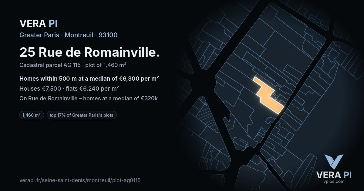 25 Rue de Romainville, Montreuil at night – the plot lit, the parcels around coloured by the prices near them