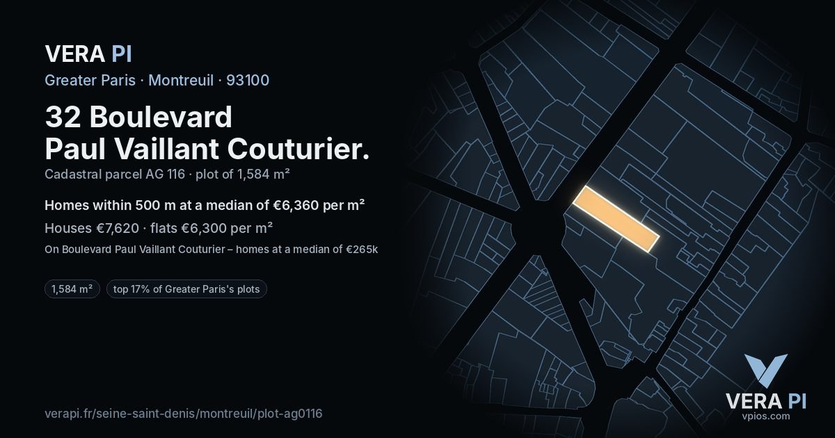 32 Boulevard Paul Vaillant Couturier, Montreuil at night – the plot lit, the parcels around coloured by the prices near them