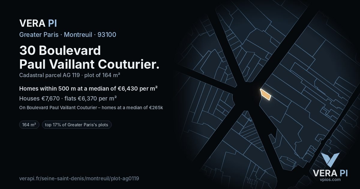 30 Boulevard Paul Vaillant Couturier, Montreuil at night – the plot lit, the parcels around coloured by the prices near them