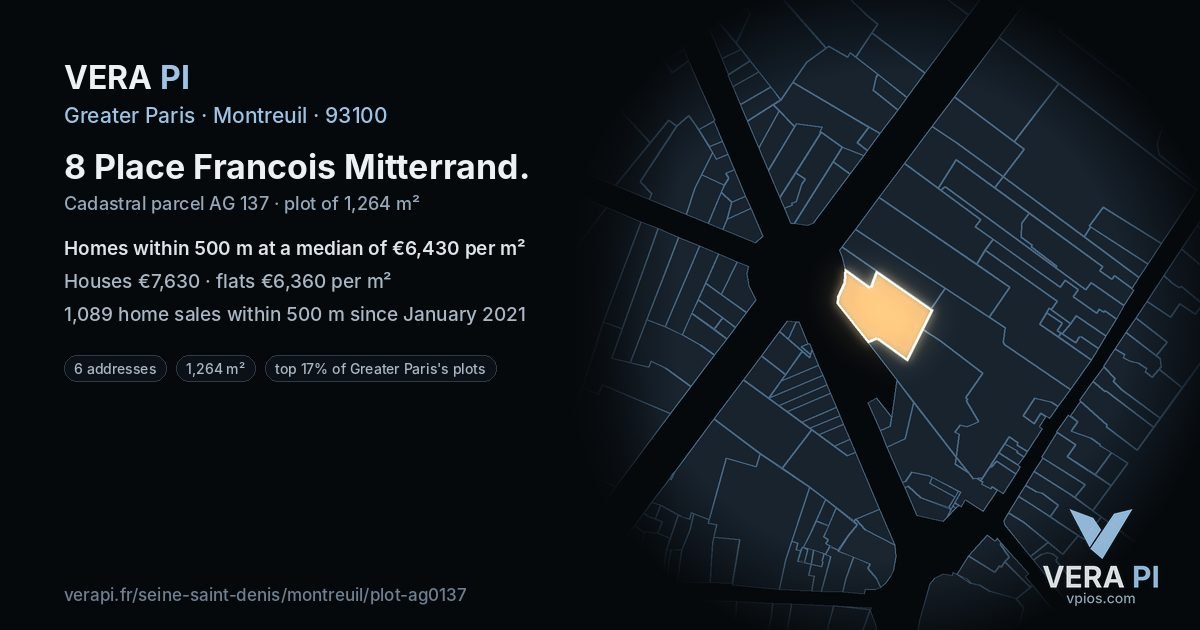 8 Place Francois Mitterrand, Montreuil at night – the plot lit, the parcels around coloured by the prices near them