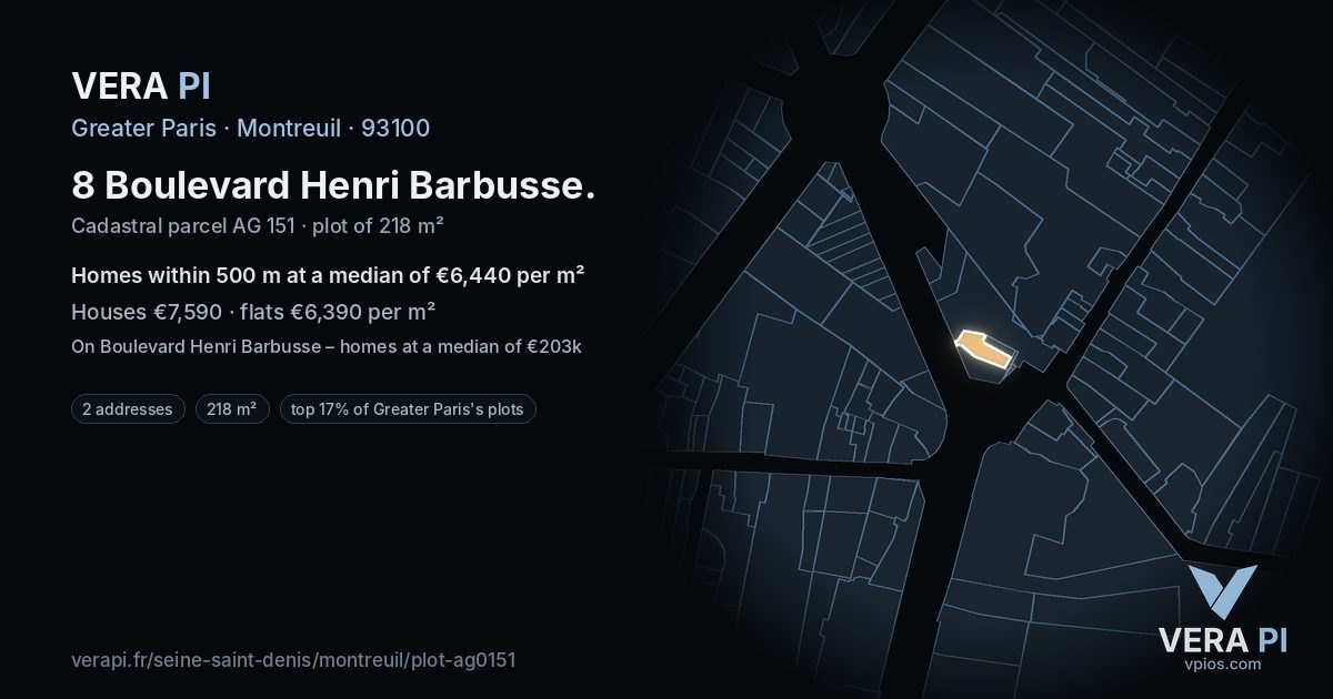 8 Boulevard Henri Barbusse, Montreuil at night – the plot lit, the parcels around coloured by the prices near them