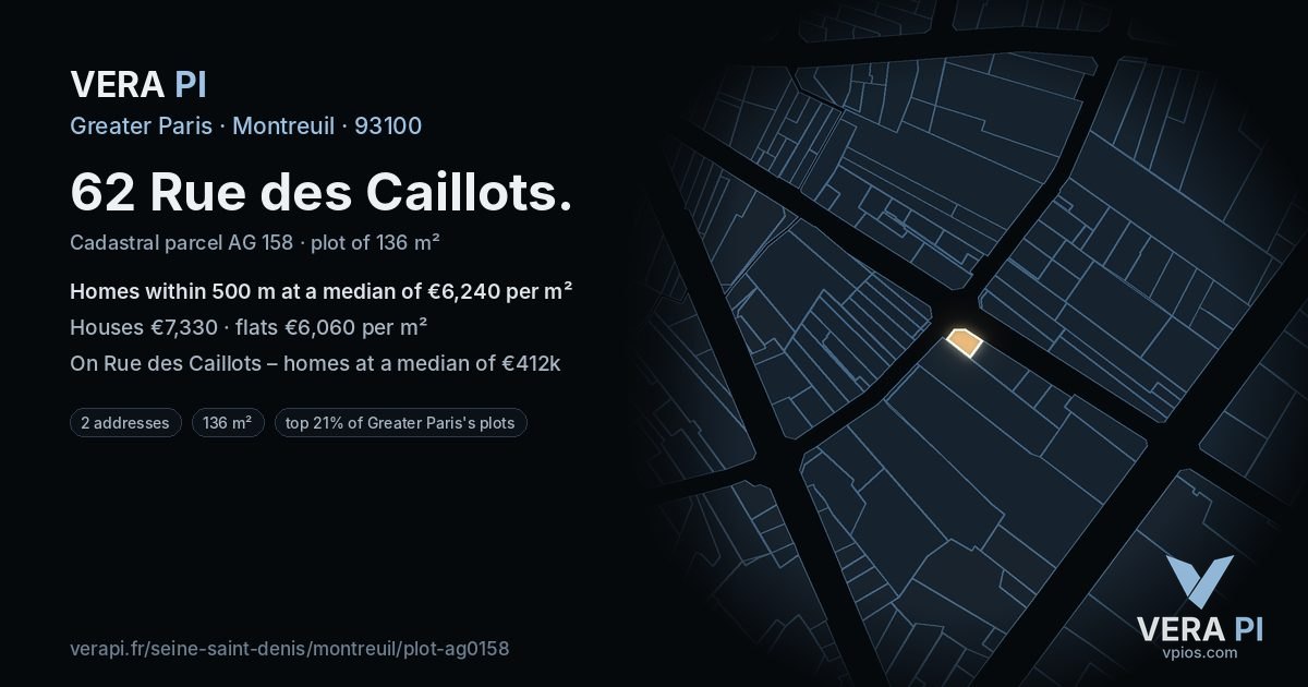 62 Rue des Caillots, Montreuil at night – the plot lit, the parcels around coloured by the prices near them