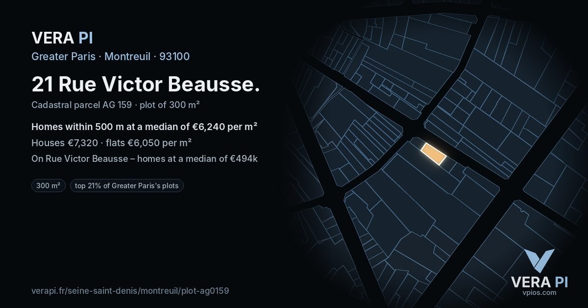 21 Rue Victor Beausse, Montreuil at night – the plot lit, the parcels around coloured by the prices near them