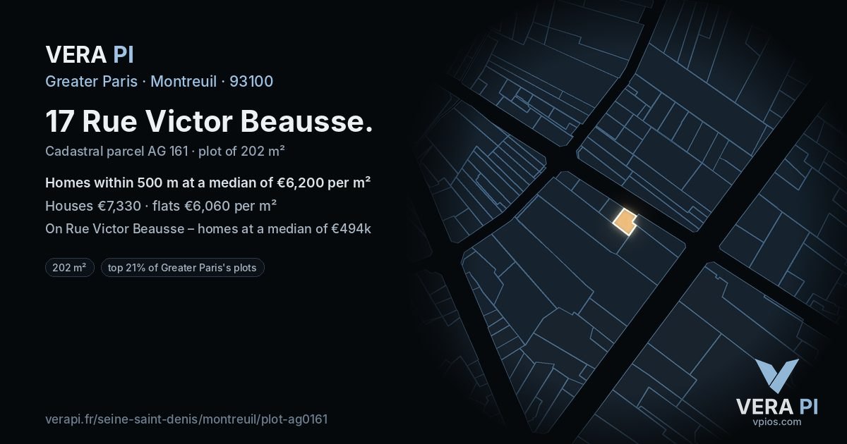 17 Rue Victor Beausse, Montreuil at night – the plot lit, the parcels around coloured by the prices near them