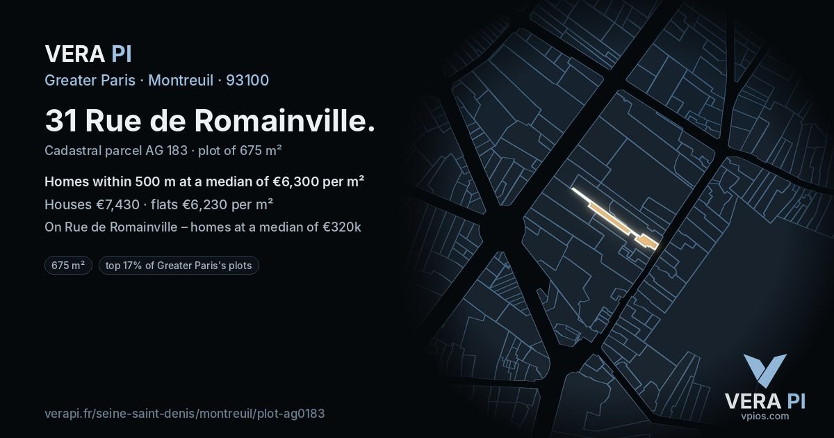 31 Rue de Romainville, Montreuil at night – the plot lit, the parcels around coloured by the prices near them