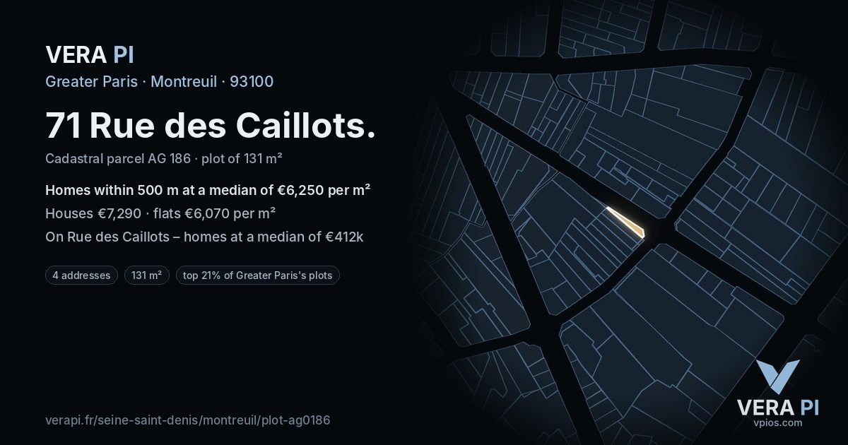 71 Rue des Caillots, Montreuil at night – the plot lit, the parcels around coloured by the prices near them