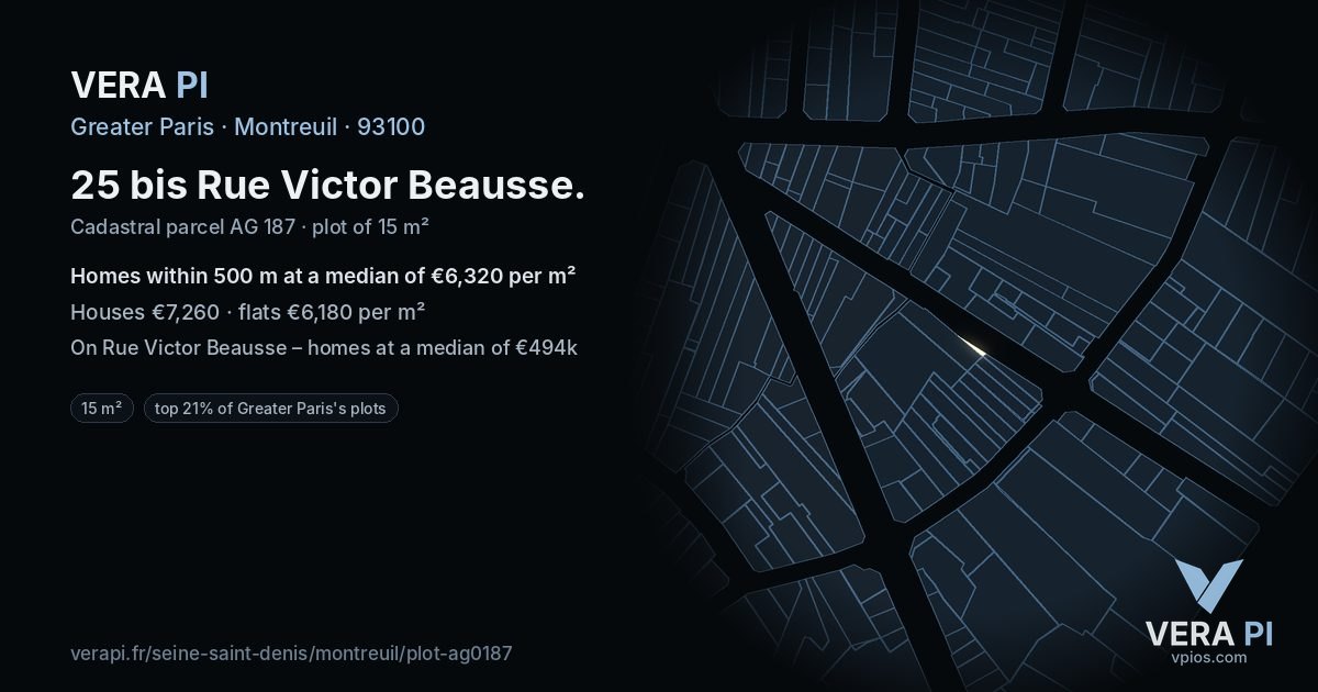 25 bis Rue Victor Beausse, Montreuil at night – the plot lit, the parcels around coloured by the prices near them