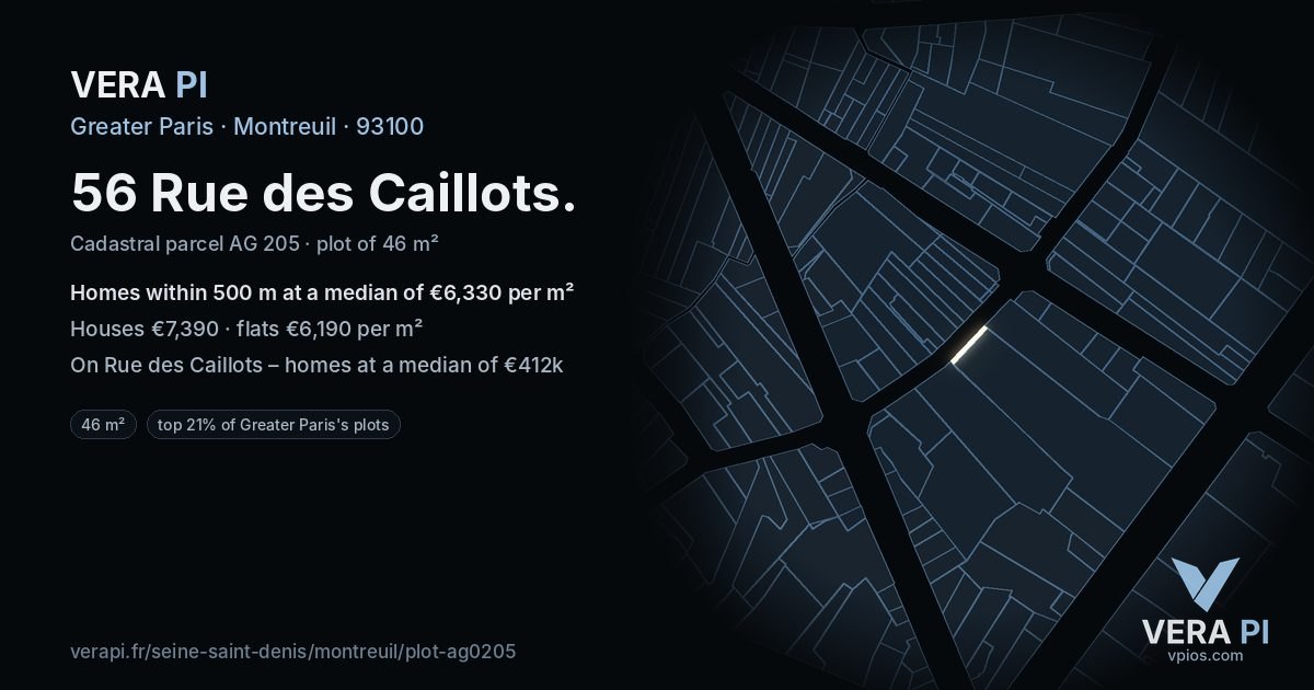 56 Rue des Caillots, Montreuil at night – the plot lit, the parcels around coloured by the prices near them