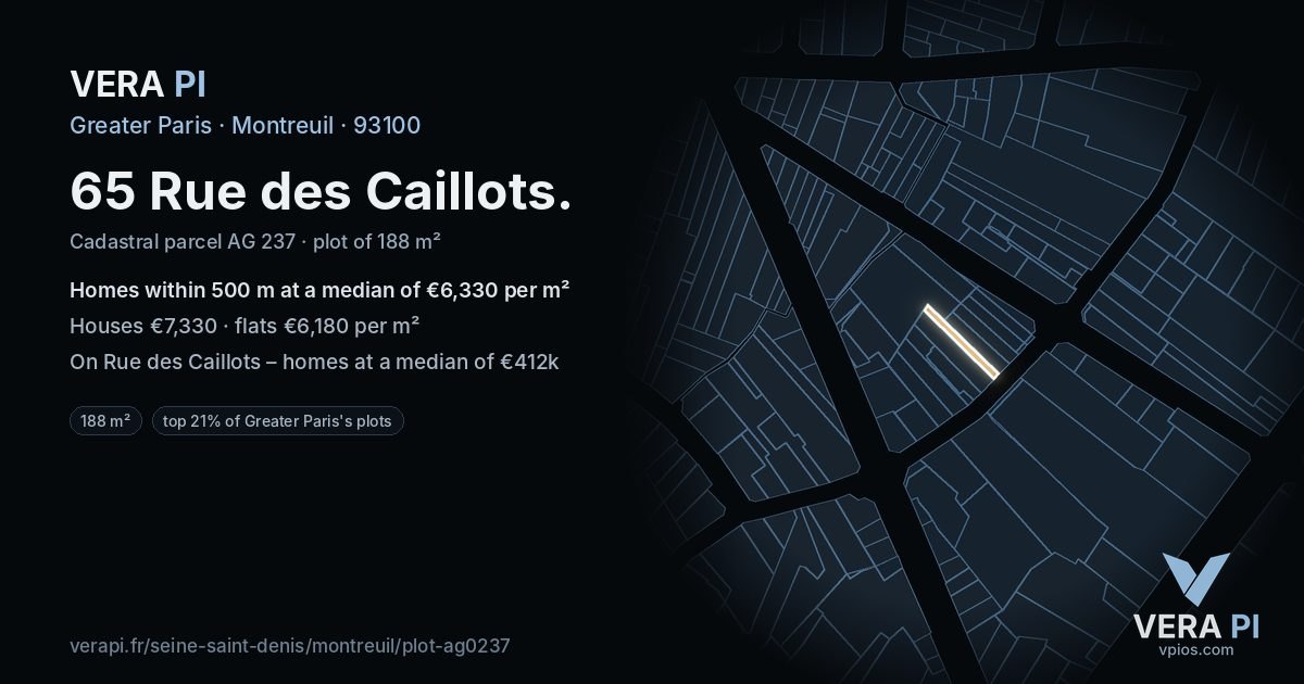 65 Rue des Caillots, Montreuil at night – the plot lit, the parcels around coloured by the prices near them