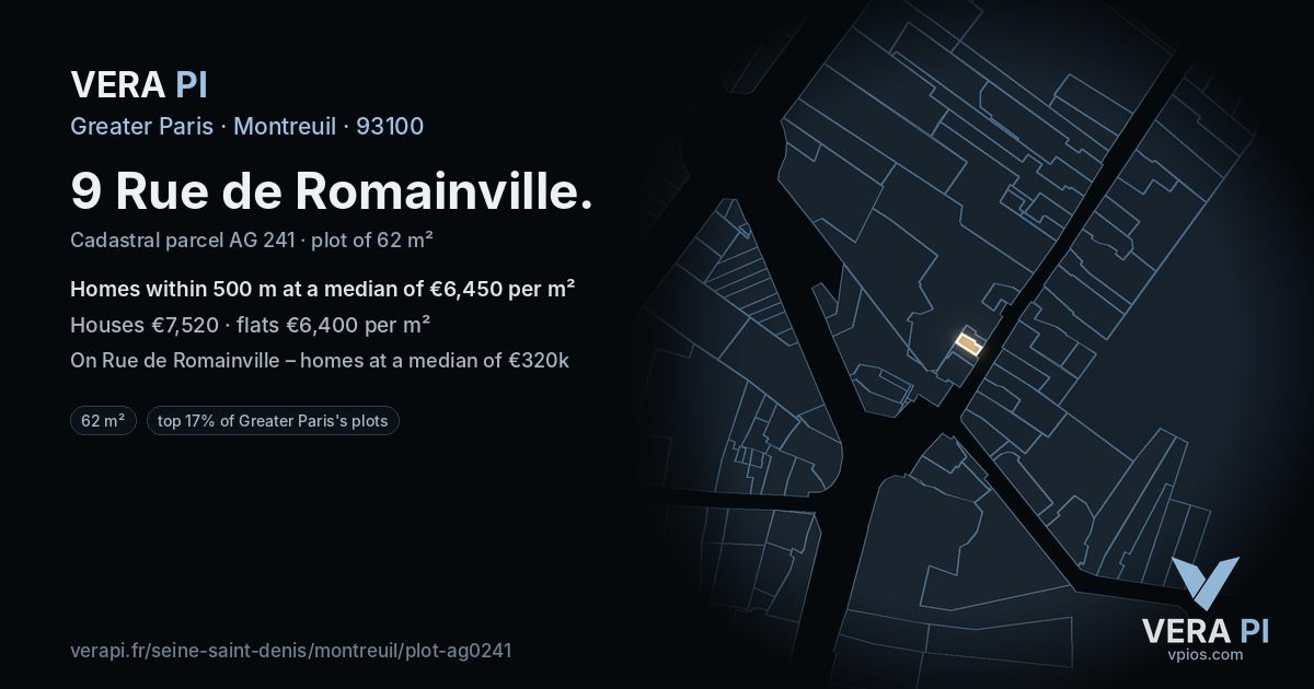 9 Rue de Romainville, Montreuil at night – the plot lit, the parcels around coloured by the prices near them