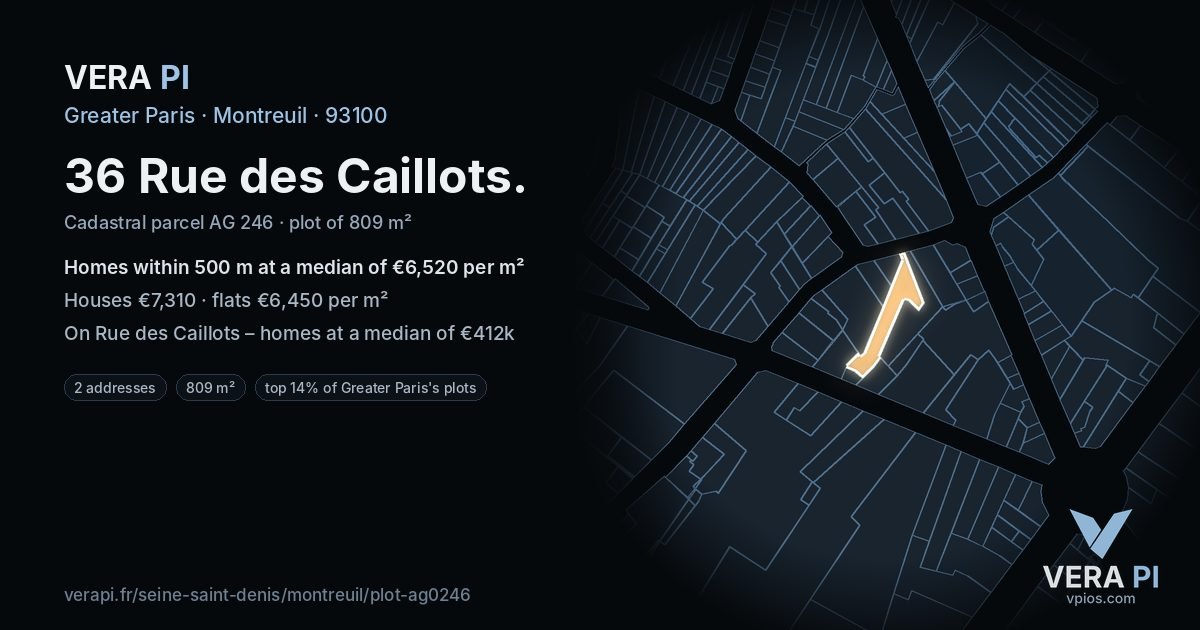 36 Rue des Caillots, Montreuil at night – the plot lit, the parcels around coloured by the prices near them