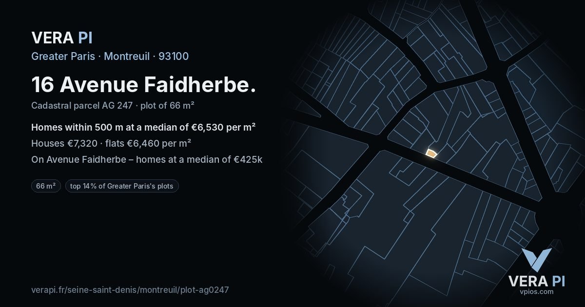 16 Avenue Faidherbe, Montreuil at night – the plot lit, the parcels around coloured by the prices near them