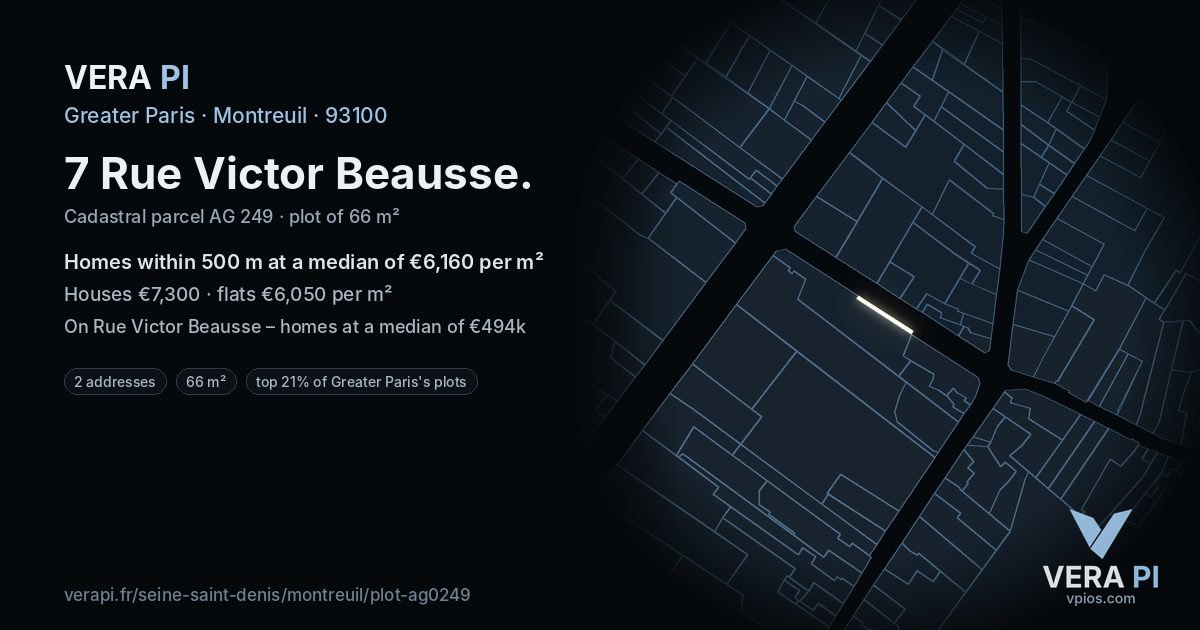 7 Rue Victor Beausse, Montreuil at night – the plot lit, the parcels around coloured by the prices near them