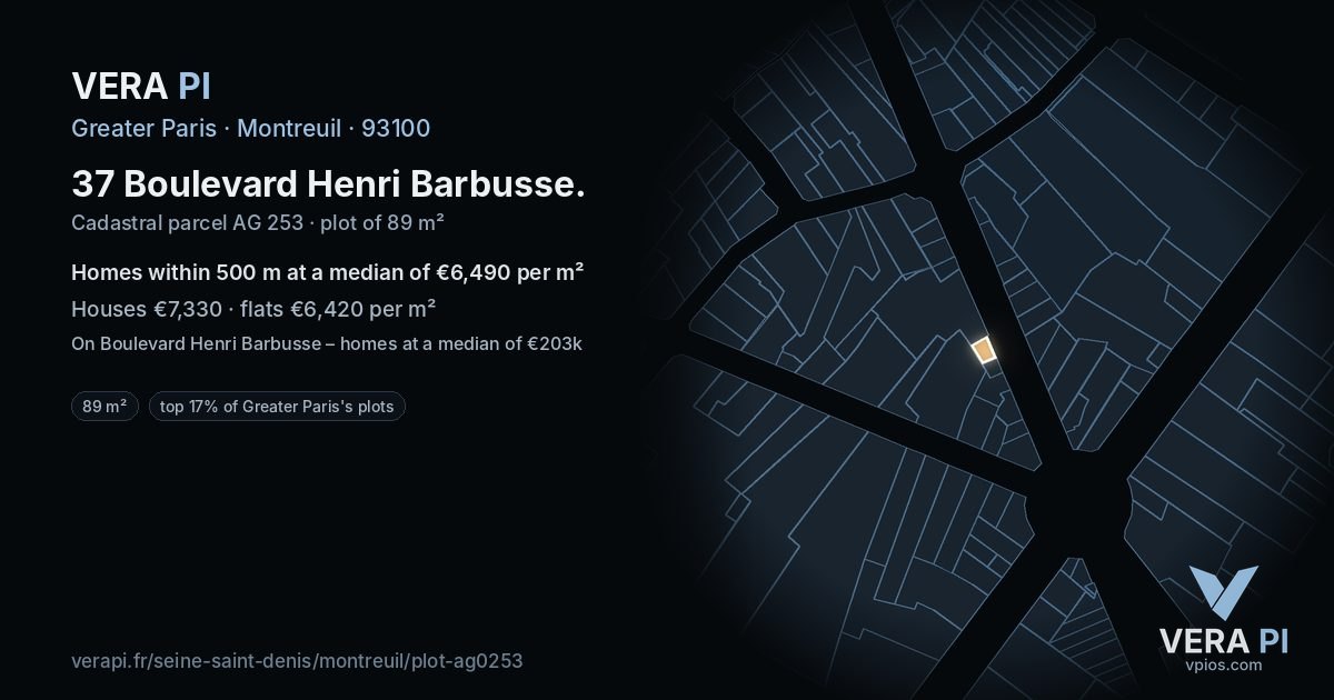37 Boulevard Henri Barbusse, Montreuil at night – the plot lit, the parcels around coloured by the prices near them