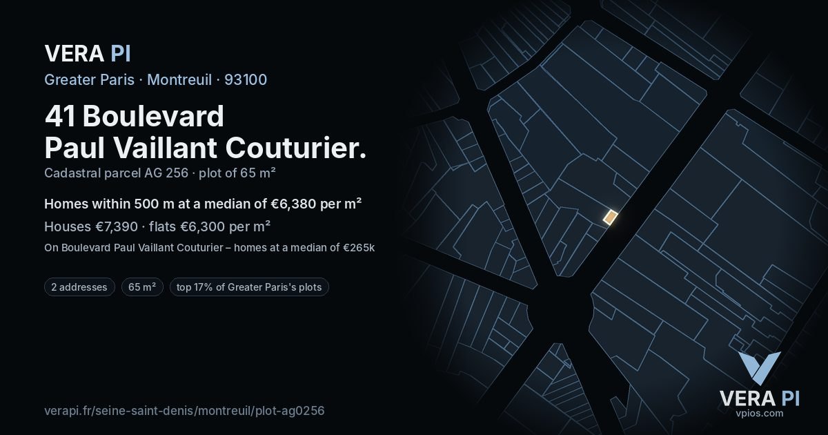41 Boulevard Paul Vaillant Couturier, Montreuil at night – the plot lit, the parcels around coloured by the prices near them
