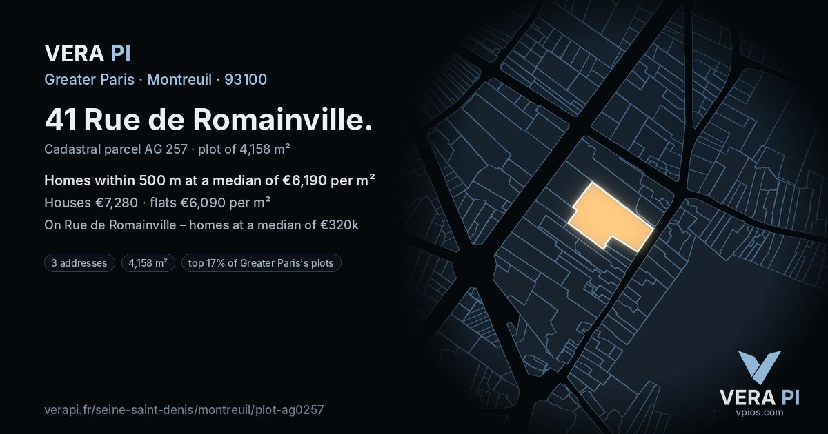 41 Rue de Romainville, Montreuil at night – the plot lit, the parcels around coloured by the prices near them