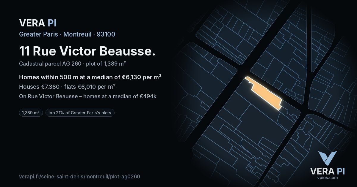 11 Rue Victor Beausse, Montreuil at night – the plot lit, the parcels around coloured by the prices near them