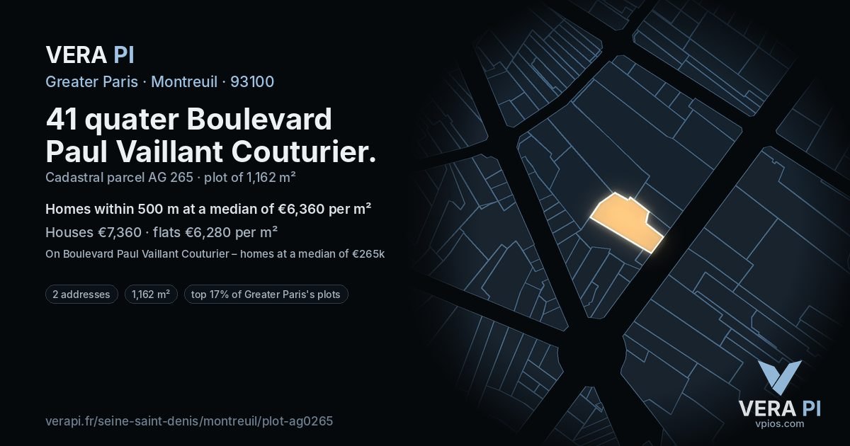 41 quater Boulevard Paul Vaillant Couturier, Montreuil at night – the plot lit, the parcels around coloured by the prices near them