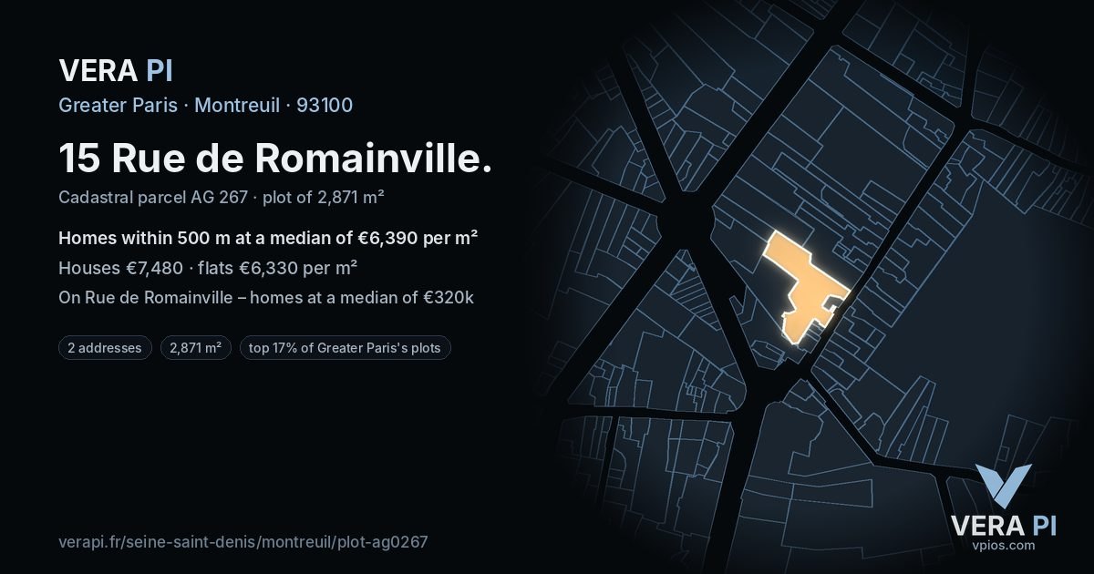 15 Rue de Romainville, Montreuil at night – the plot lit, the parcels around coloured by the prices near them