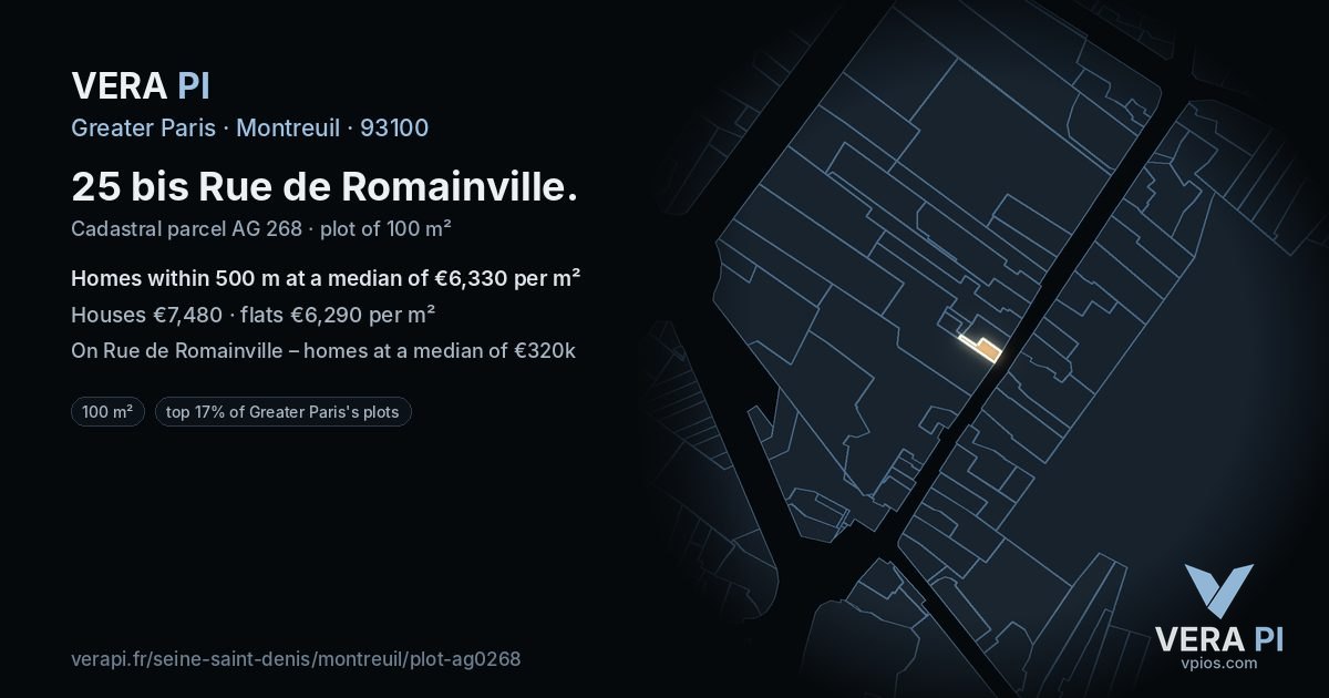 25 bis Rue de Romainville, Montreuil at night – the plot lit, the parcels around coloured by the prices near them