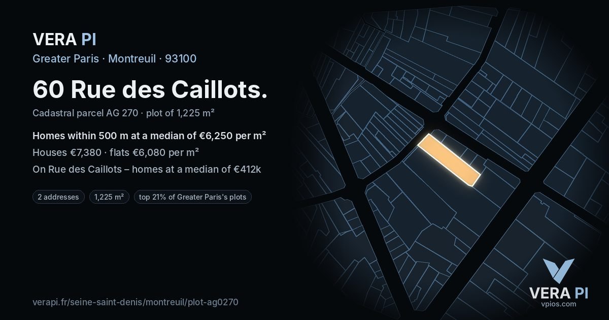60 Rue des Caillots, Montreuil at night – the plot lit, the parcels around coloured by the prices near them