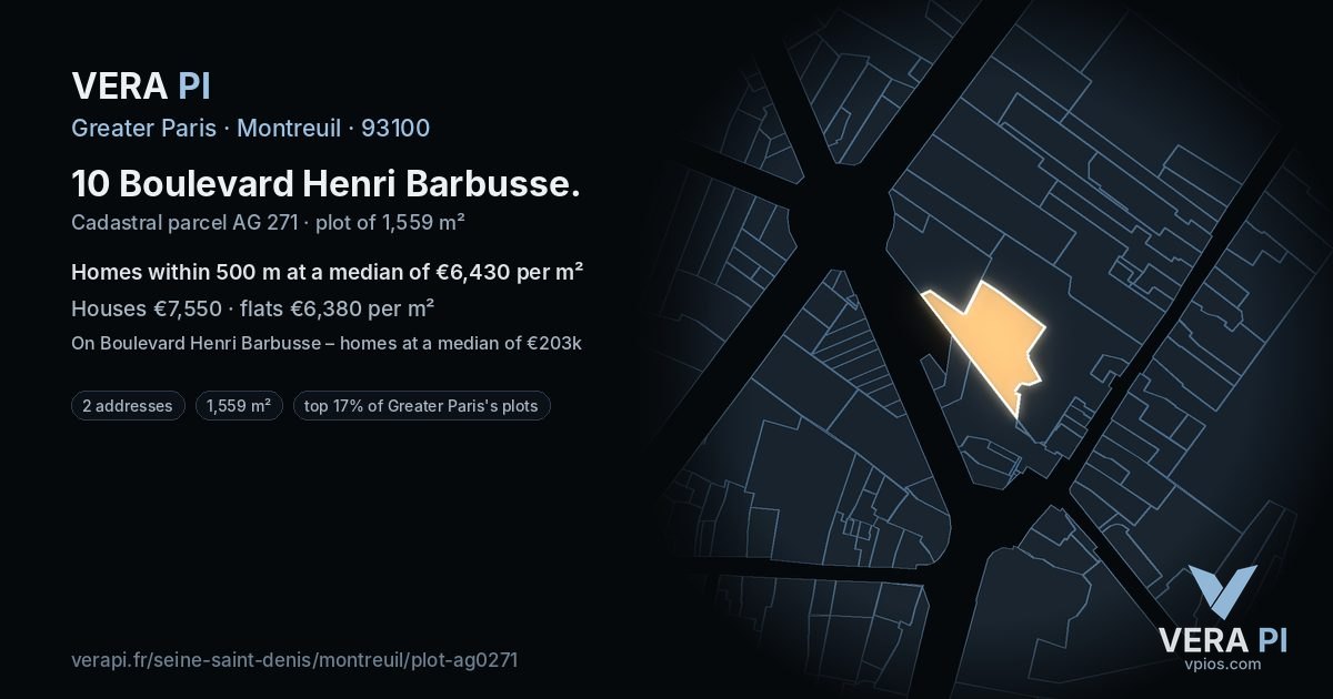 10 Boulevard Henri Barbusse, Montreuil at night – the plot lit, the parcels around coloured by the prices near them