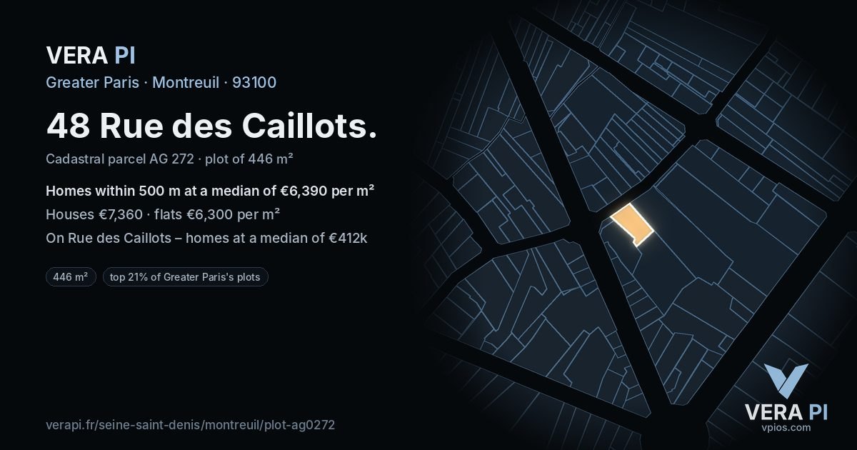 48 Rue des Caillots, Montreuil at night – the plot lit, the parcels around coloured by the prices near them