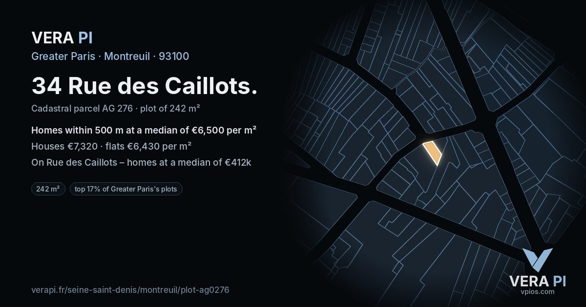 34 Rue des Caillots, Montreuil at night – the plot lit, the parcels around coloured by the prices near them