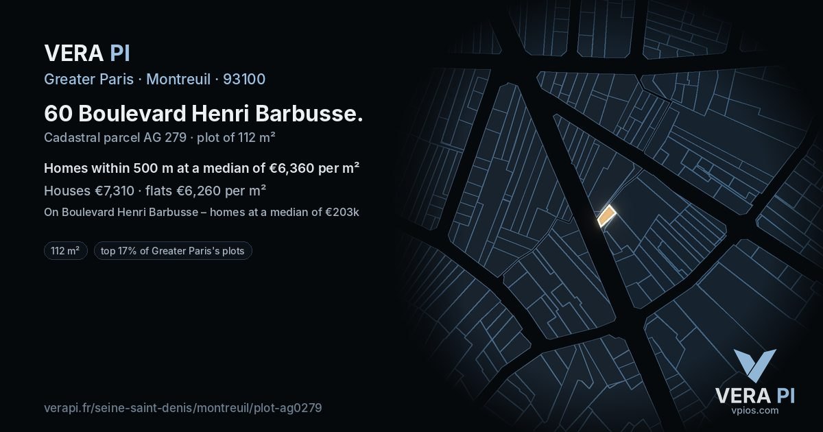60 Boulevard Henri Barbusse, Montreuil at night – the plot lit, the parcels around coloured by the prices near them