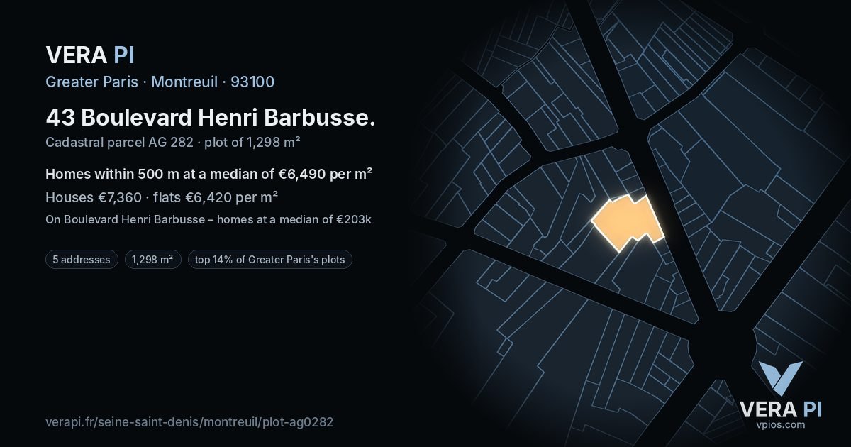 43 Boulevard Henri Barbusse, Montreuil at night – the plot lit, the parcels around coloured by the prices near them