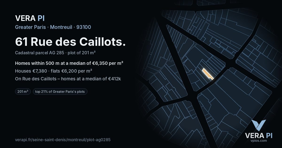 61 Rue des Caillots, Montreuil at night – the plot lit, the parcels around coloured by the prices near them