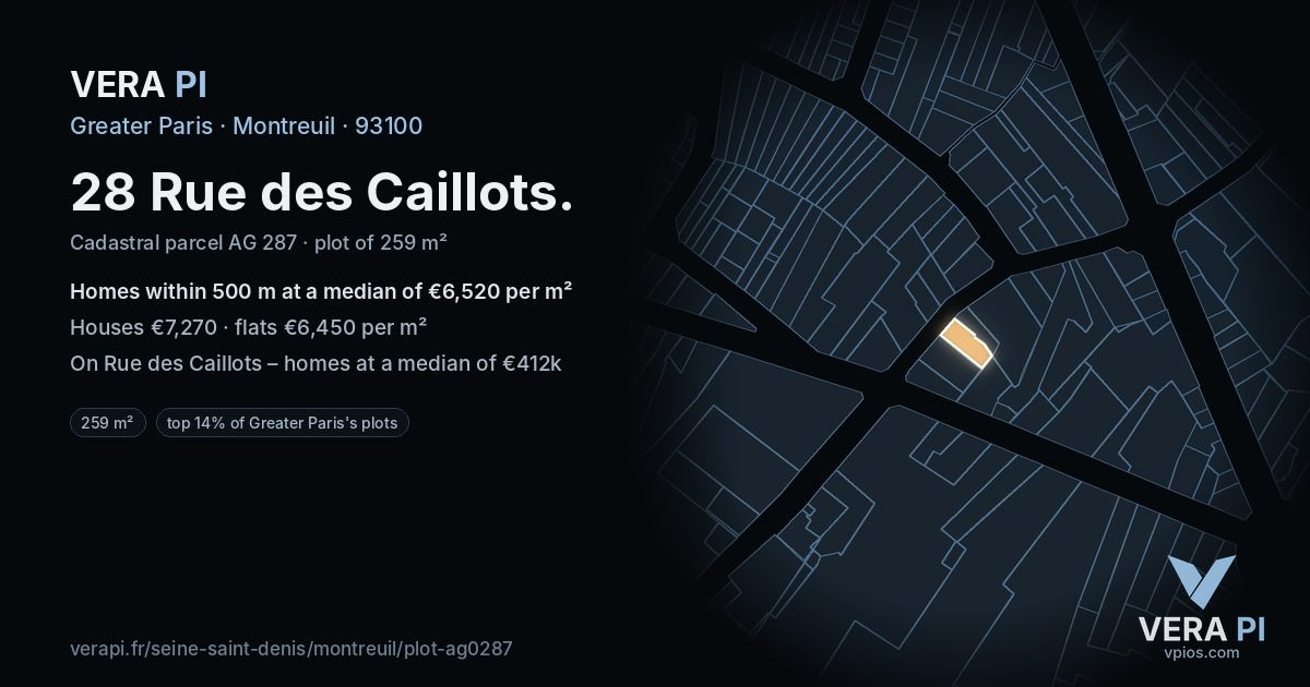 28 Rue des Caillots, Montreuil at night – the plot lit, the parcels around coloured by the prices near them