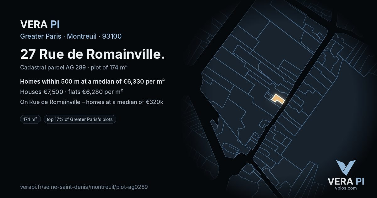 27 Rue de Romainville, Montreuil at night – the plot lit, the parcels around coloured by the prices near them