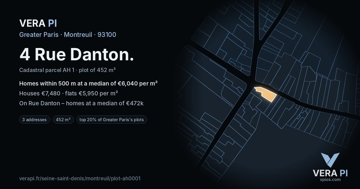 4 Rue Danton, Montreuil at night – the plot lit, the parcels around coloured by the prices near them