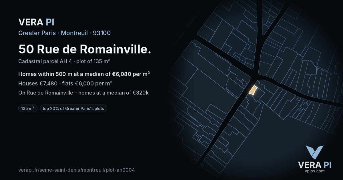 50 Rue de Romainville, Montreuil at night – the plot lit, the parcels around coloured by the prices near them