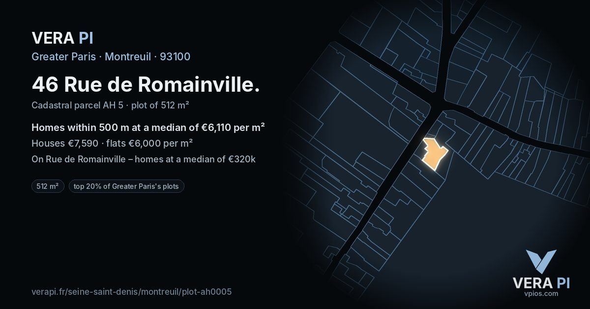 46 Rue de Romainville, Montreuil at night – the plot lit, the parcels around coloured by the prices near them