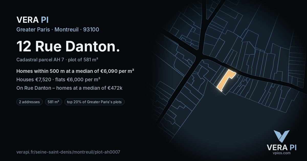 12 Rue Danton, Montreuil at night – the plot lit, the parcels around coloured by the prices near them