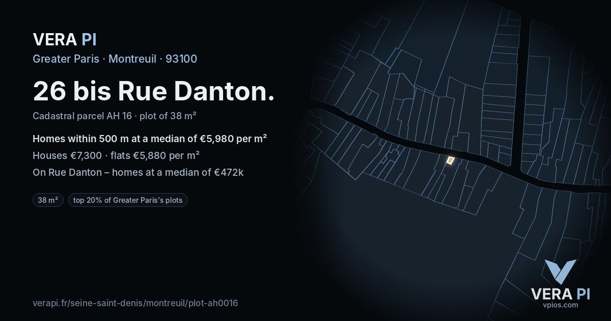 26 bis Rue Danton, Montreuil at night – the plot lit, the parcels around coloured by the prices near them