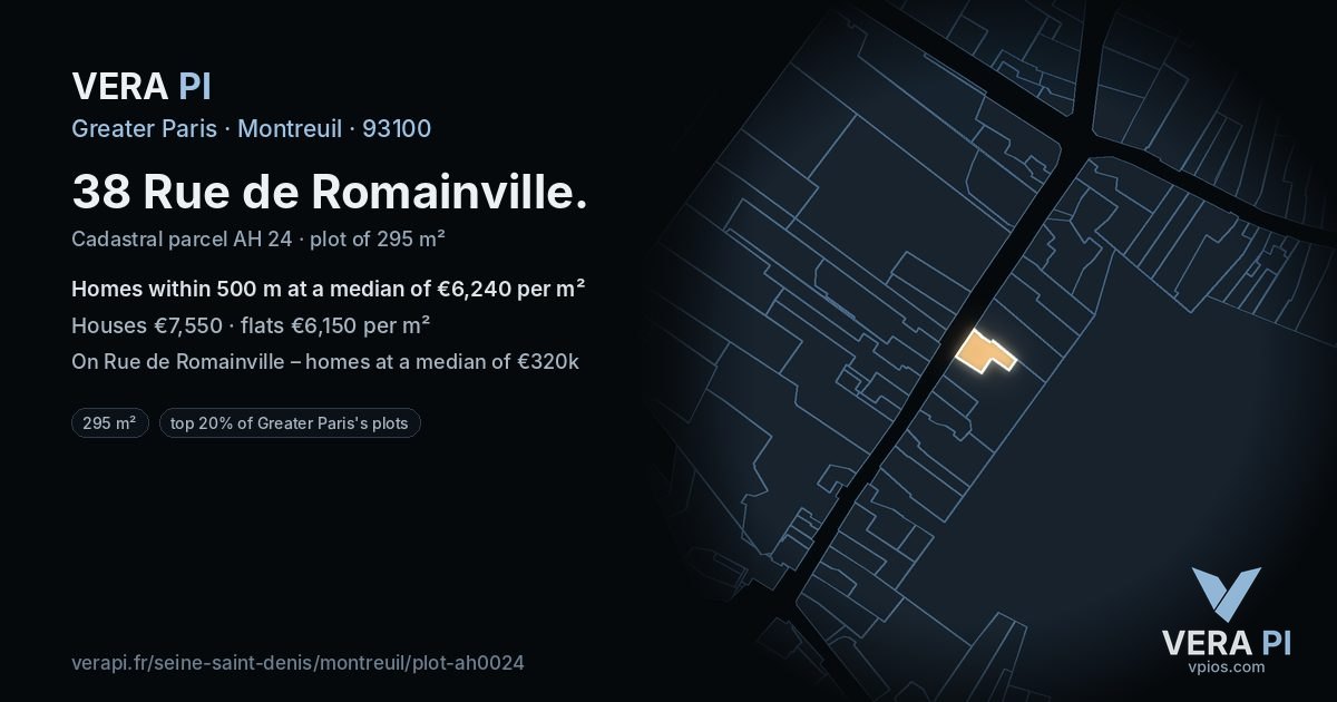 38 Rue de Romainville, Montreuil at night – the plot lit, the parcels around coloured by the prices near them