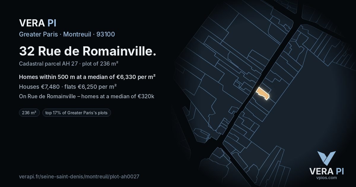 32 Rue de Romainville, Montreuil at night – the plot lit, the parcels around coloured by the prices near them