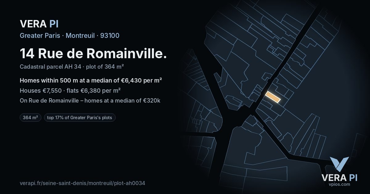 14 Rue de Romainville, Montreuil at night – the plot lit, the parcels around coloured by the prices near them
