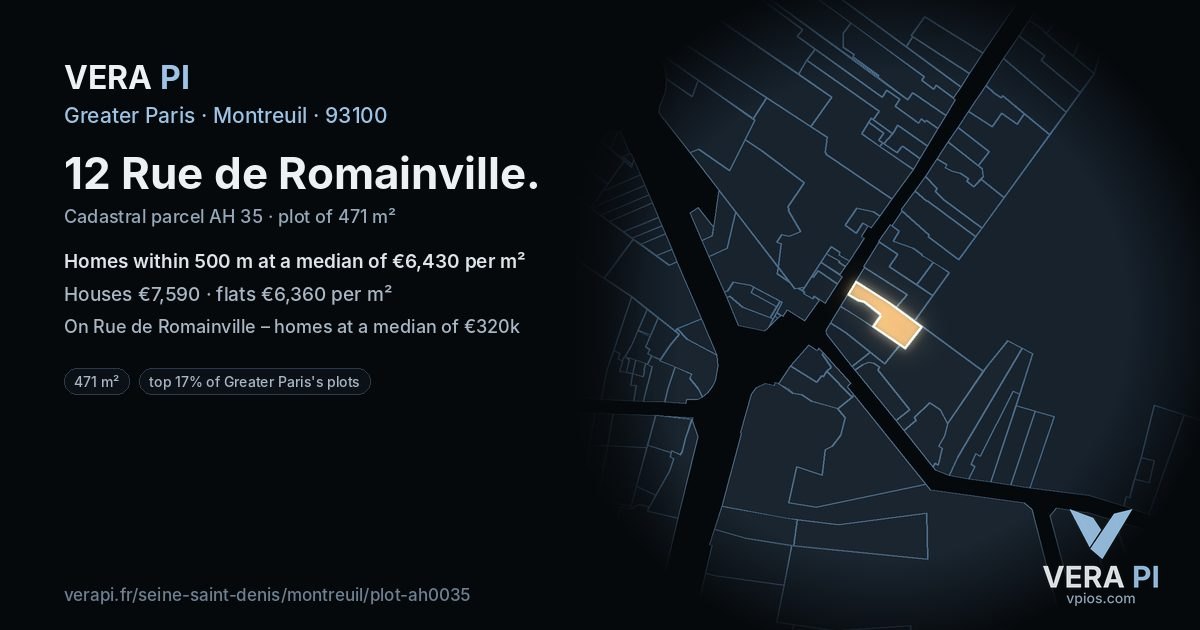 12 Rue de Romainville, Montreuil at night – the plot lit, the parcels around coloured by the prices near them
