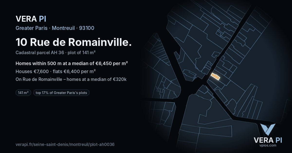 10 Rue de Romainville, Montreuil at night – the plot lit, the parcels around coloured by the prices near them